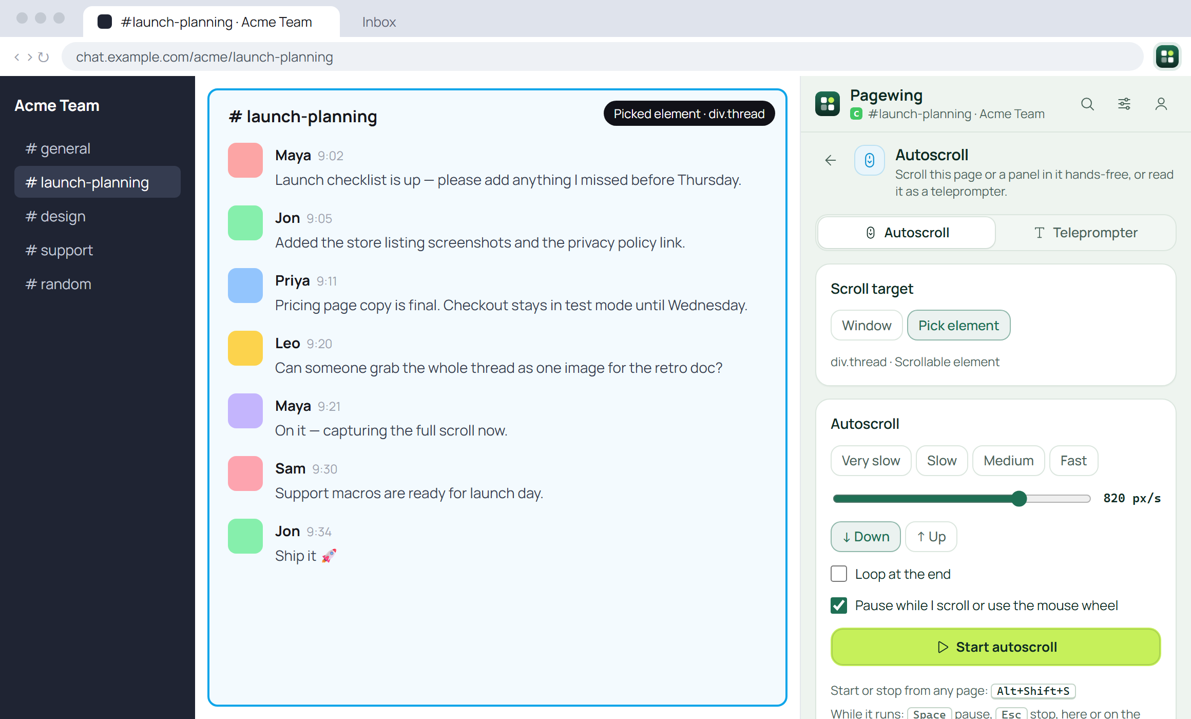 Pagewing side panel autoscrolling a chat thread picked on the page