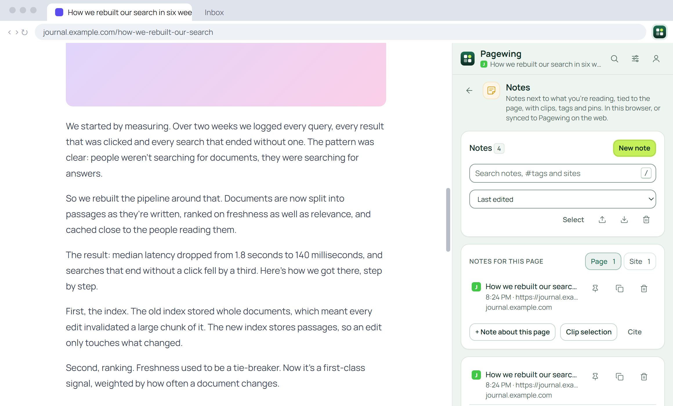 Pagewing notes beside an article