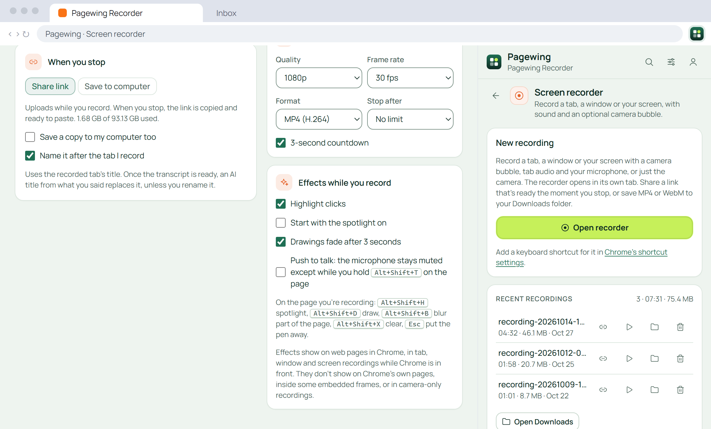 Pagewing screen recorder next to its side panel