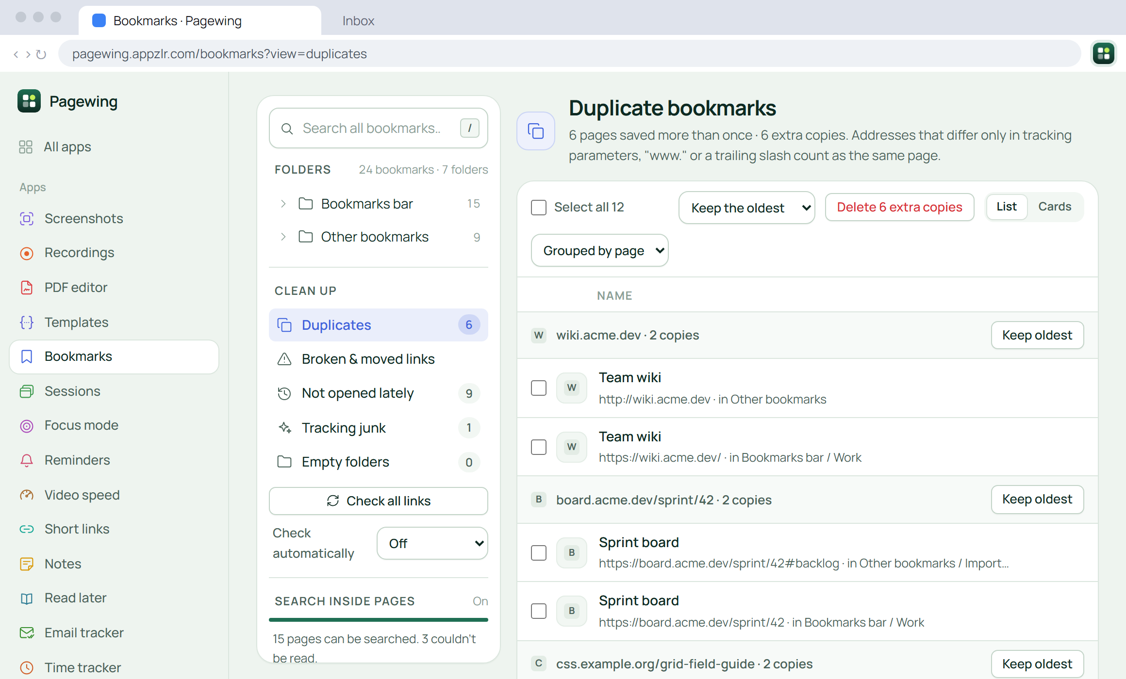 Pagewing bookmark manager listing duplicate bookmarks
