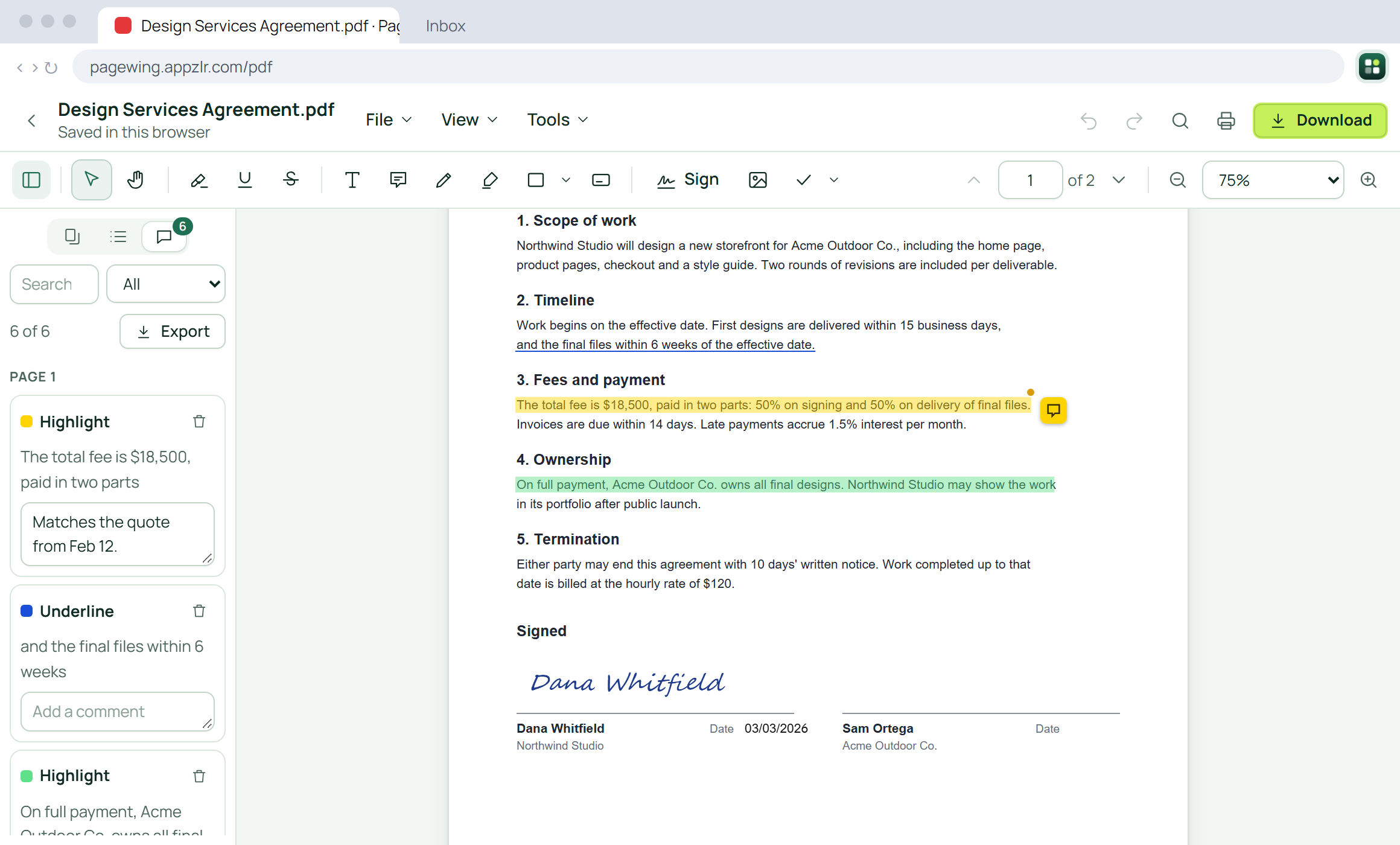 The Pagewing PDF editor with a contract that's highlighted, commented on and signed